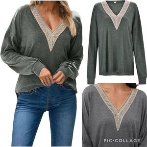 NEW! Zesica Crochet Lace V-Neck Long Sleeve Drop Shoulder Top In Heather Gray